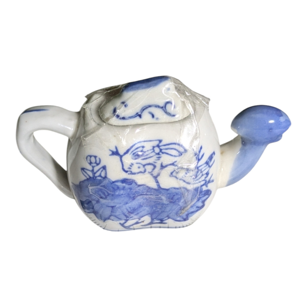 White and Blue Oriental Teapot - 2 1/2" Inches Tall and 4" Handle to Spout